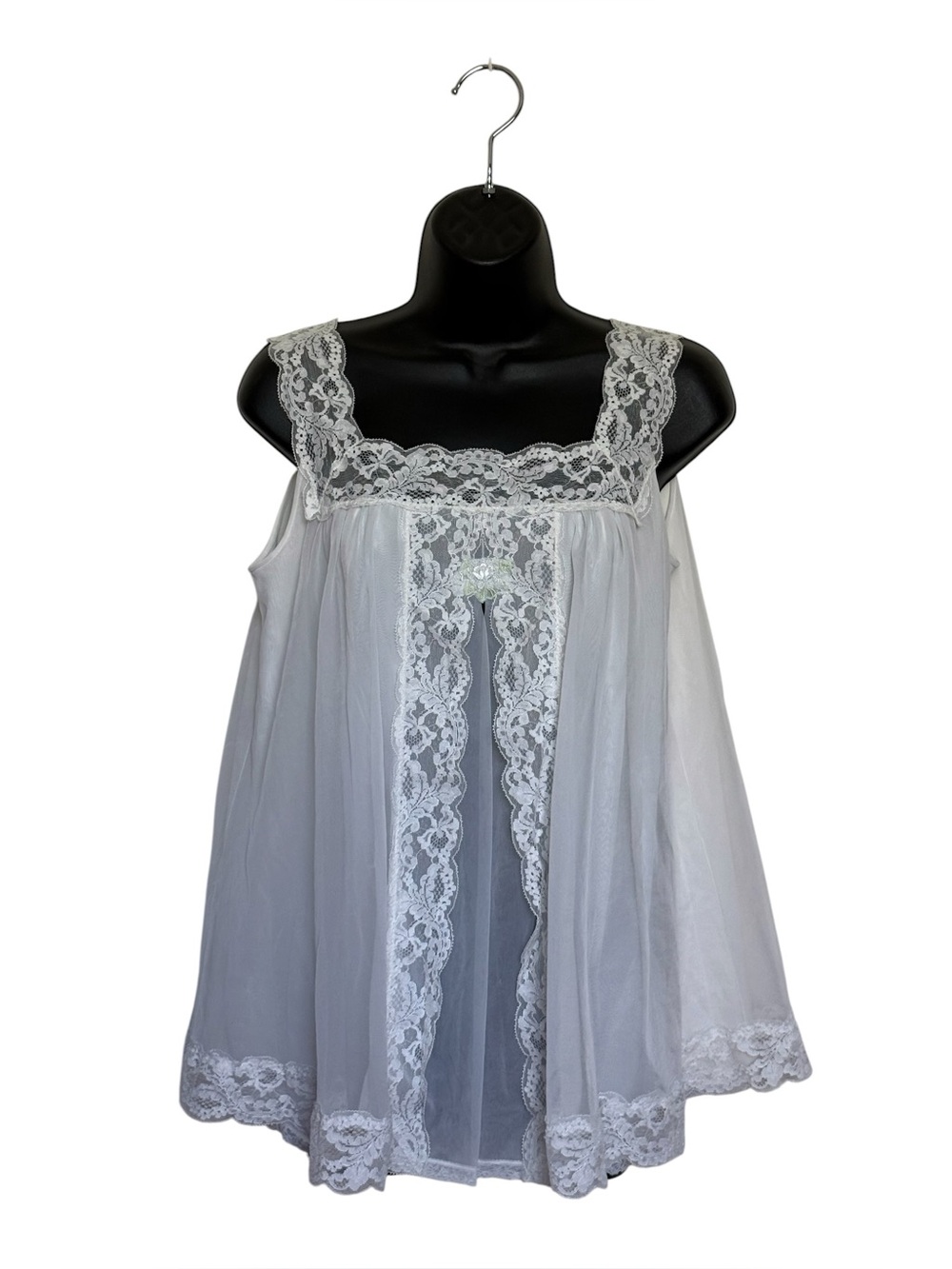 Vtg Shadowline White Lace Babydoll Nightgown Chiffon Sheer Lingerie Made in USA